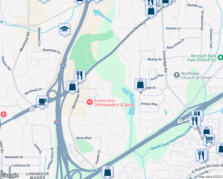 map of restaurants, bars, coffee shops, grocery stores, and more near 3529 Settlement Road in Tucker