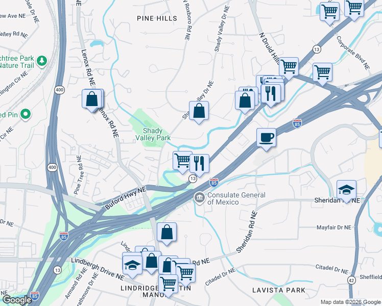 map of restaurants, bars, coffee shops, grocery stores, and more near 2665 Rivers Edge Drive Northeast in Atlanta