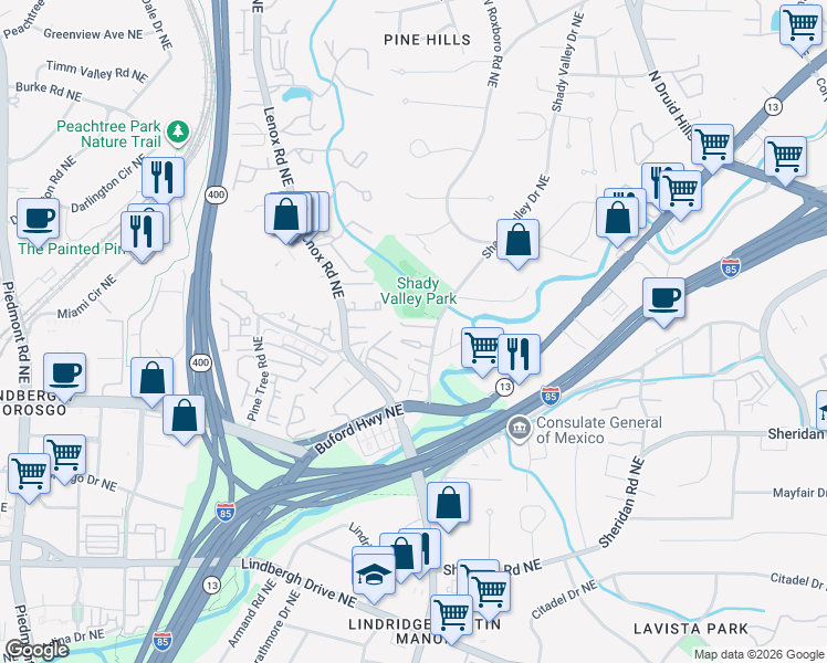 map of restaurants, bars, coffee shops, grocery stores, and more near 1107 Valley Overlook Drive Northeast in Atlanta