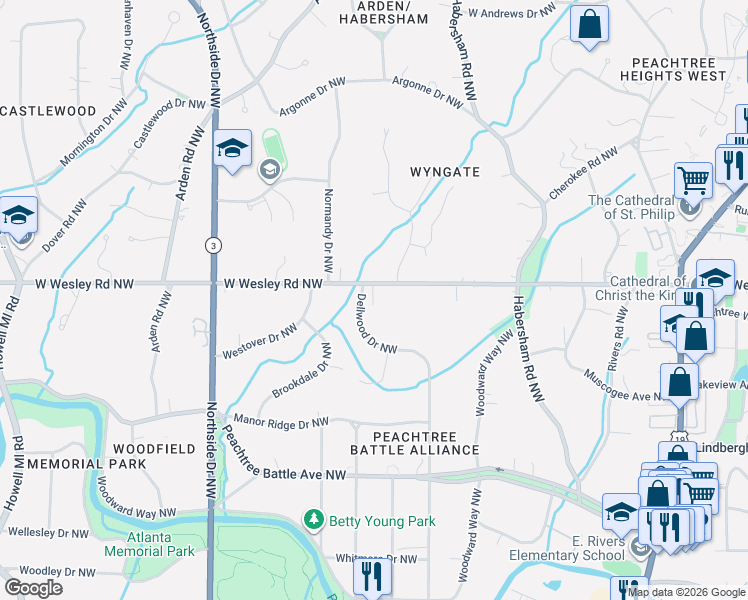 map of restaurants, bars, coffee shops, grocery stores, and more near 394 West Wesley Road Northwest in Atlanta