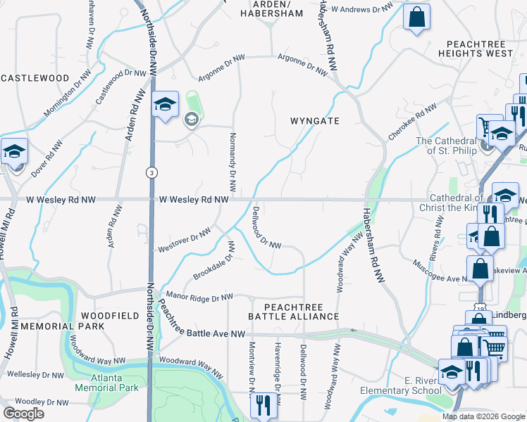 map of restaurants, bars, coffee shops, grocery stores, and more near 394 West Wesley Road Northwest in Atlanta