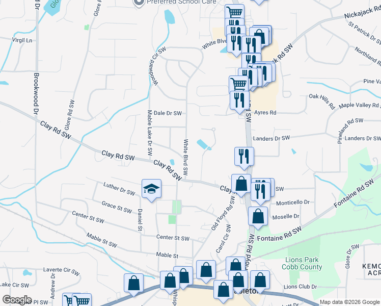 map of restaurants, bars, coffee shops, grocery stores, and more near 5157 White Boulevard Southwest in Mableton