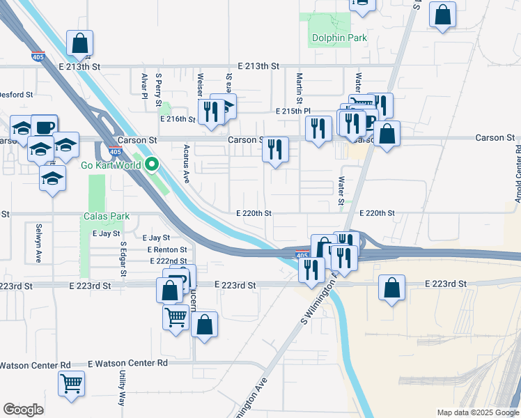 map of restaurants, bars, coffee shops, grocery stores, and more near 1455 East 220th Street in Carson