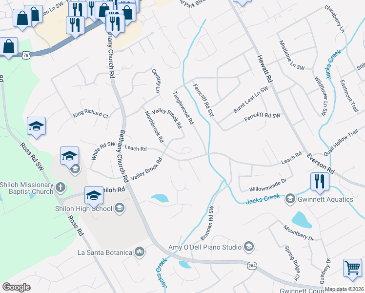 map of restaurants, bars, coffee shops, grocery stores, and more near 2566 Northbrook Road in Snellville
