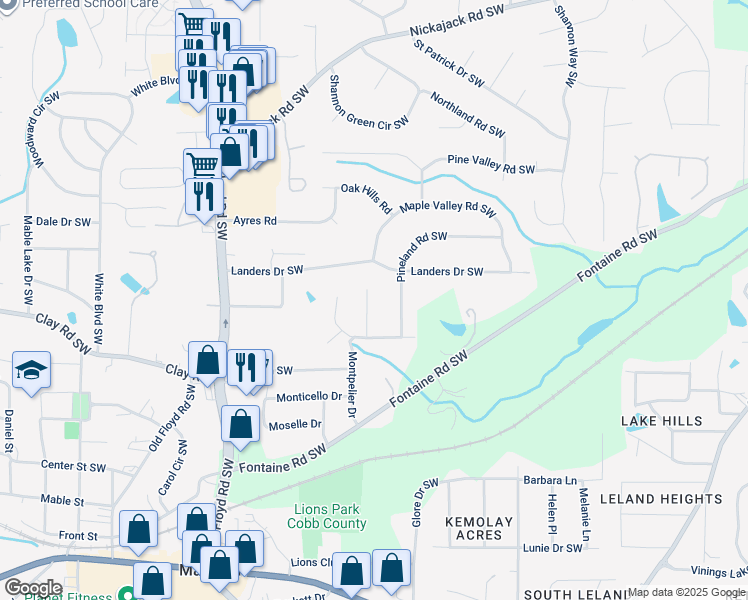 map of restaurants, bars, coffee shops, grocery stores, and more near 5172 Pineland Place in Mableton