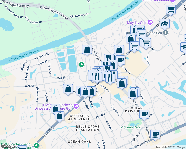 map of restaurants, bars, coffee shops, grocery stores, and more near 910 1st Avenue South in North Myrtle Beach