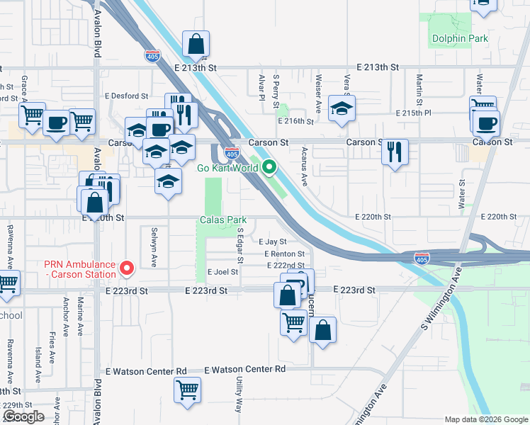map of restaurants, bars, coffee shops, grocery stores, and more near 1143 East 220th Street in Carson