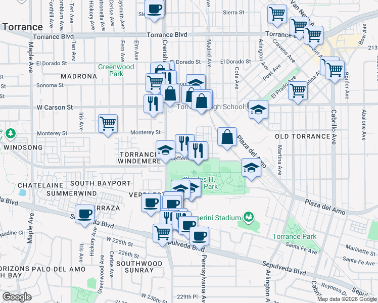map of restaurants, bars, coffee shops, grocery stores, and more near 2349 Jefferson Street in Torrance