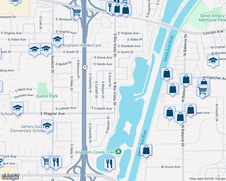 map of restaurants, bars, coffee shops, grocery stores, and more near 2788 East Ames Avenue in Anaheim