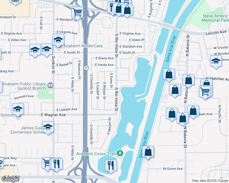 map of restaurants, bars, coffee shops, grocery stores, and more near 2788 East Ames Avenue in Anaheim