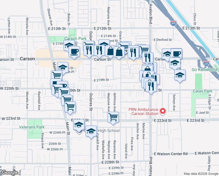 map of restaurants, bars, coffee shops, grocery stores, and more near 415 East 220th Street in Carson