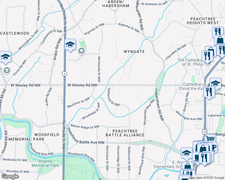 map of restaurants, bars, coffee shops, grocery stores, and more near 394 West Wesley Road Northwest in Atlanta