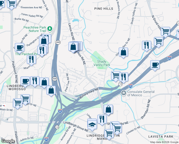 map of restaurants, bars, coffee shops, grocery stores, and more near 1011 Heatherbrooke in Atlanta