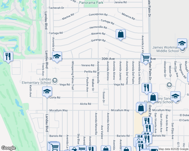 map of restaurants, bars, coffee shops, grocery stores, and more near 68472 Joaquine Way in Cathedral City