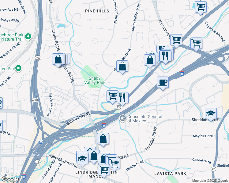 map of restaurants, bars, coffee shops, grocery stores, and more near 2688 Rivers Edge Drive Northeast in Atlanta