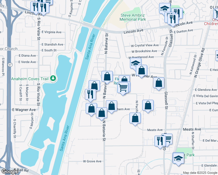 map of restaurants, bars, coffee shops, grocery stores, and more near 2401 North Batavia Street in Orange