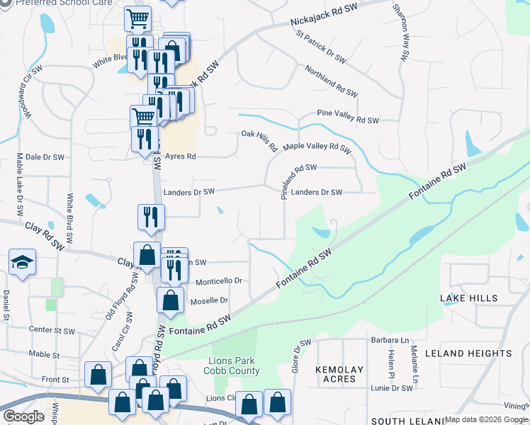 map of restaurants, bars, coffee shops, grocery stores, and more near 5172 Pineland Place in Mableton