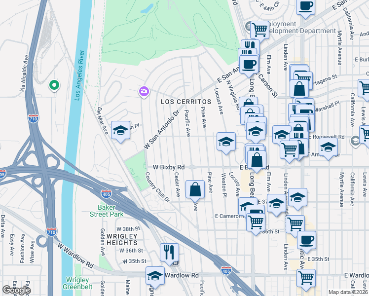 map of restaurants, bars, coffee shops, grocery stores, and more near 3841 Pacific Avenue in Long Beach