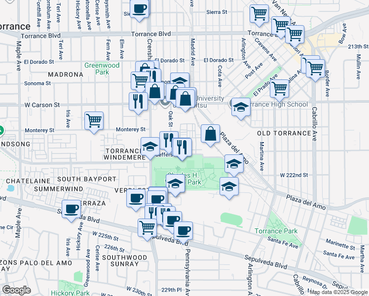 map of restaurants, bars, coffee shops, grocery stores, and more near 2349 Jefferson Street in Torrance