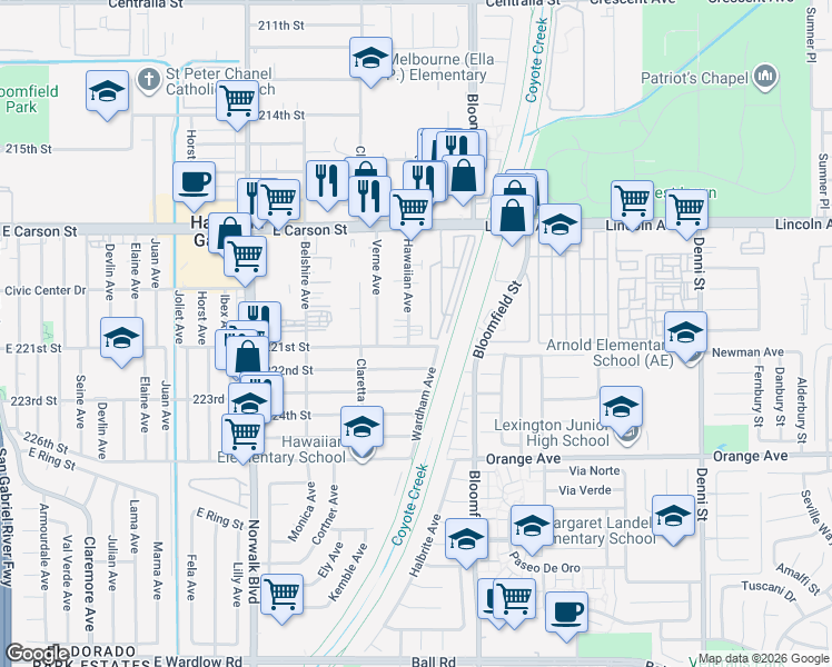 map of restaurants, bars, coffee shops, grocery stores, and more near 22018 Hawaiian Avenue in Hawaiian Gardens