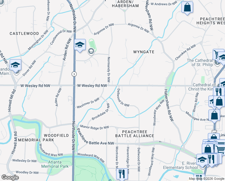map of restaurants, bars, coffee shops, grocery stores, and more near 438 West Wesley Road Northwest in Atlanta