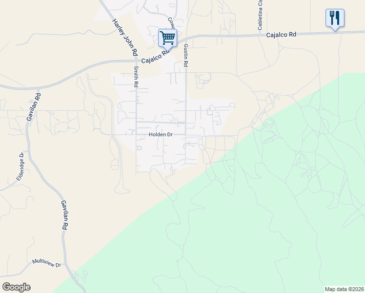 map of restaurants, bars, coffee shops, grocery stores, and more near 20041 Gustin Road in Perris