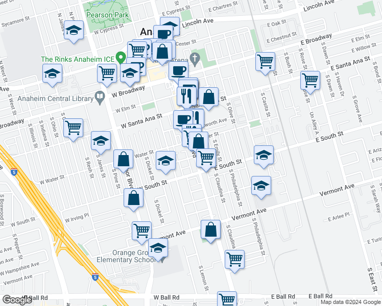 map of restaurants, bars, coffee shops, grocery stores, and more near 631 South Anaheim Boulevard in Anaheim