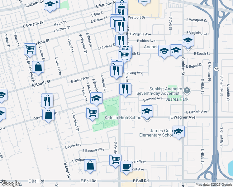 map of restaurants, bars, coffee shops, grocery stores, and more near 891 South State College Boulevard in Anaheim