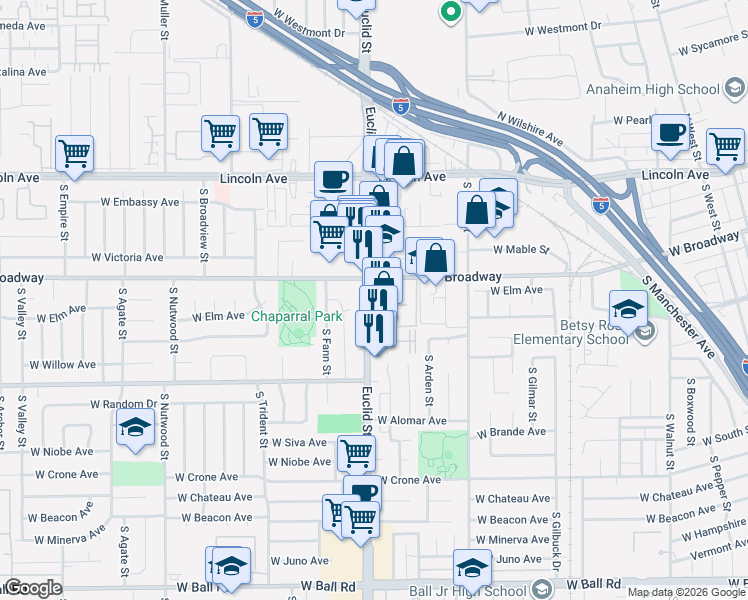 map of restaurants, bars, coffee shops, grocery stores, and more near 1692 West Trapezoid Drive in Anaheim