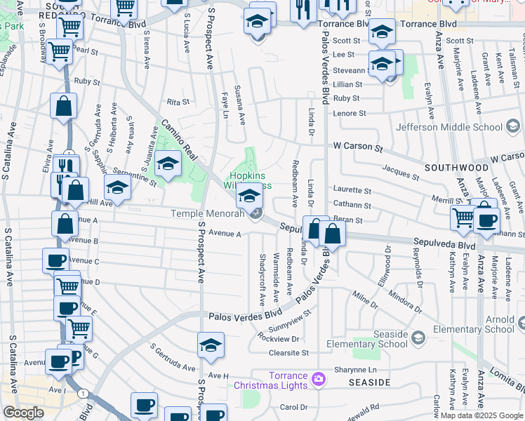 map of restaurants, bars, coffee shops, grocery stores, and more near in Redondo Beach
