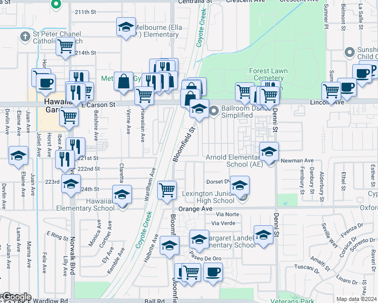 map of restaurants, bars, coffee shops, grocery stores, and more near 9432 Bloomfield Street in Cypress