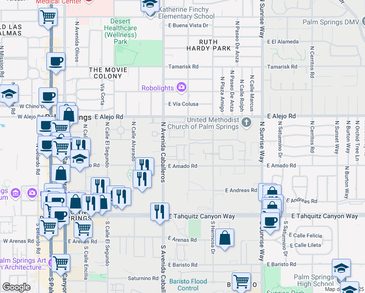 map of restaurants, bars, coffee shops, grocery stores, and more near 431 Suave Lane in Palm Springs