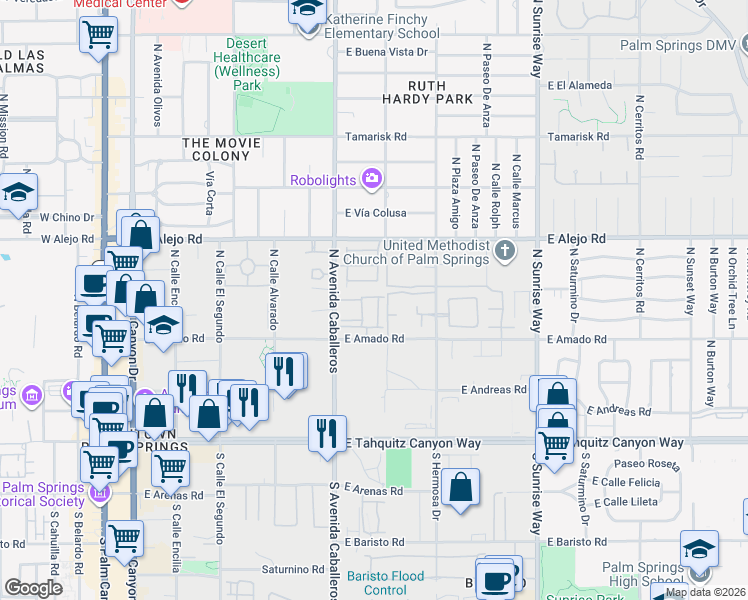 map of restaurants, bars, coffee shops, grocery stores, and more near 431 Suave Lane in Palm Springs