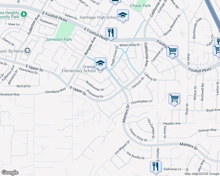 map of restaurants, bars, coffee shops, grocery stores, and more near 1456 Roadrunner Drive in Corona