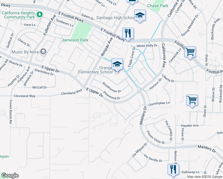 map of restaurants, bars, coffee shops, grocery stores, and more near 1388 Roadrunner Drive in Corona