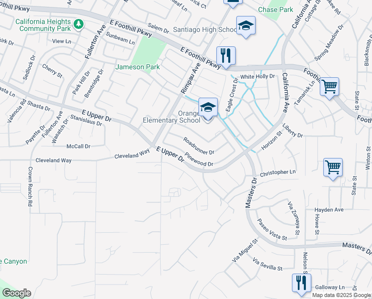 map of restaurants, bars, coffee shops, grocery stores, and more near 1395 Pinewood Drive in Corona