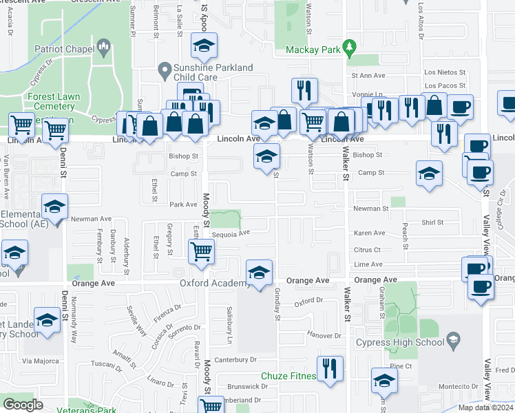 map of restaurants, bars, coffee shops, grocery stores, and more near 5182 Evergreen Avenue in Cypress
