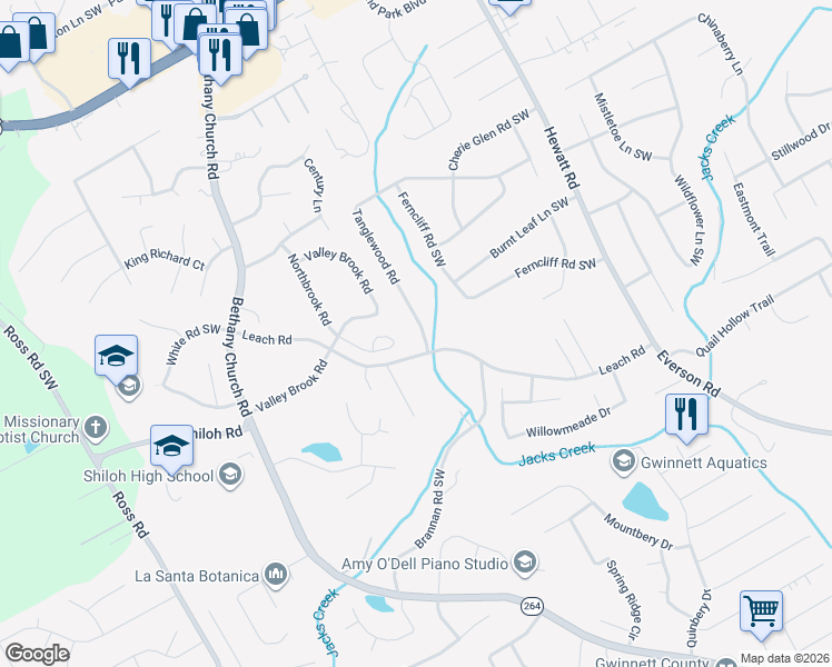 map of restaurants, bars, coffee shops, grocery stores, and more near 4143 Tanglewood Road in Snellville