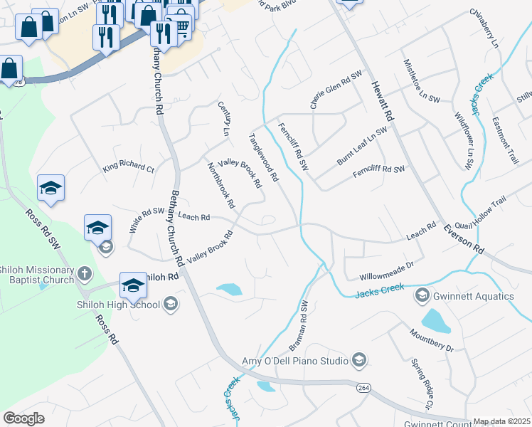 map of restaurants, bars, coffee shops, grocery stores, and more near 2574 Northbrook Road in Snellville