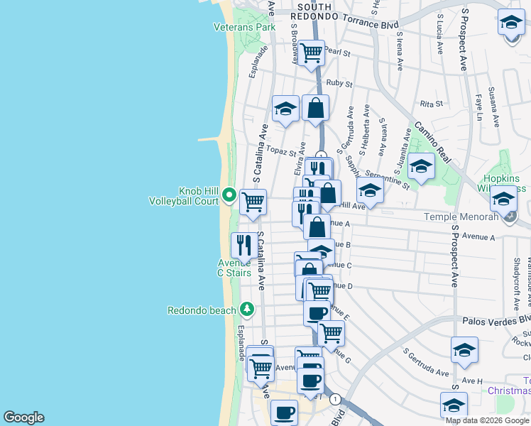 map of restaurants, bars, coffee shops, grocery stores, and more near 810 South Catalina Avenue in Redondo Beach