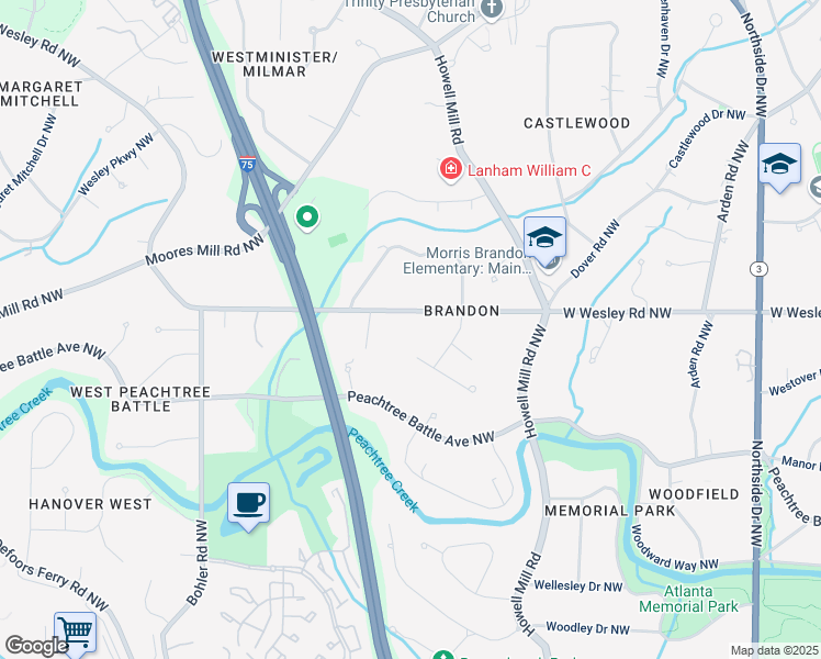 map of restaurants, bars, coffee shops, grocery stores, and more near 1020 West Wesley Road Northwest in Atlanta