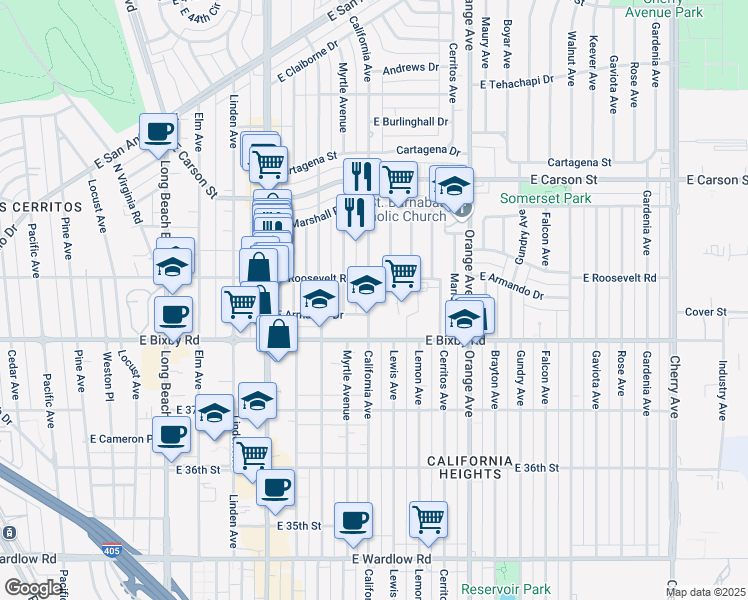 map of restaurants, bars, coffee shops, grocery stores, and more near 3846 California Avenue in Long Beach