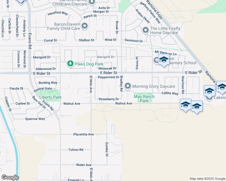 map of restaurants, bars, coffee shops, grocery stores, and more near 3038 Kalei Court in Perris