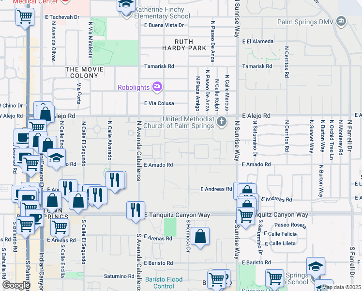 map of restaurants, bars, coffee shops, grocery stores, and more near 353 North Hermosa Drive in Palm Springs