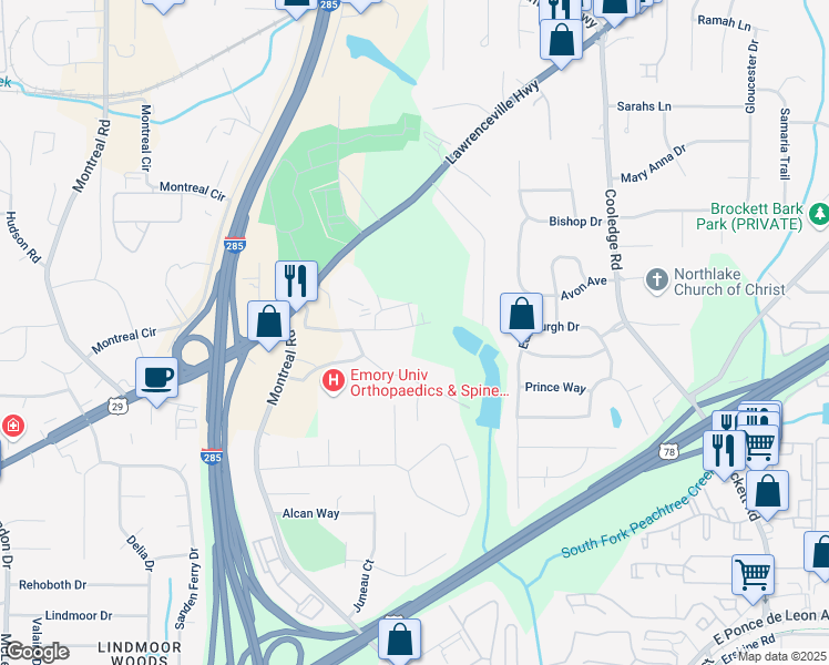 map of restaurants, bars, coffee shops, grocery stores, and more near 3529 Settlement Road in Tucker