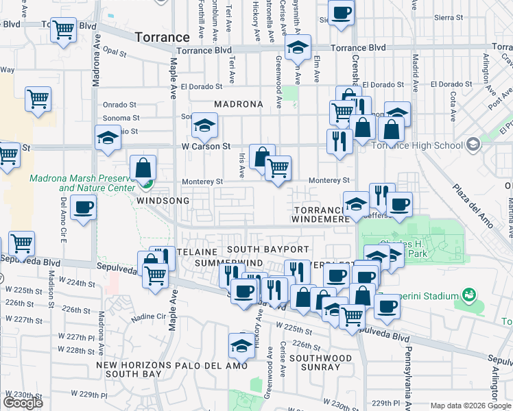 map of restaurants, bars, coffee shops, grocery stores, and more near 2825 Plaza del Amo in Torrance