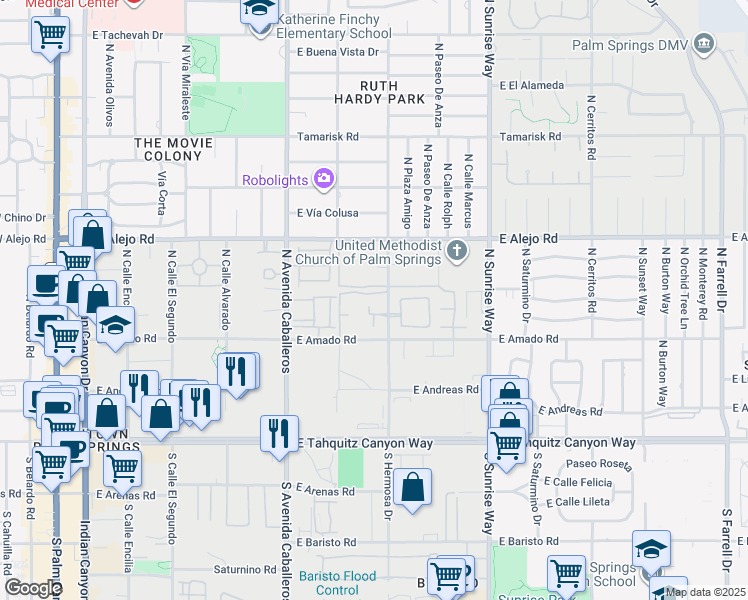 map of restaurants, bars, coffee shops, grocery stores, and more near 1500 East Amado Road in Palm Springs