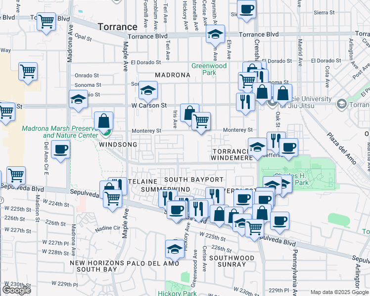 map of restaurants, bars, coffee shops, grocery stores, and more near 2889 Plaza del Amo in Torrance