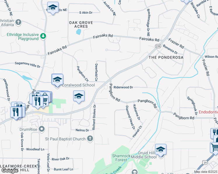 map of restaurants, bars, coffee shops, grocery stores, and more near 2664 Oak Park Trail in Decatur