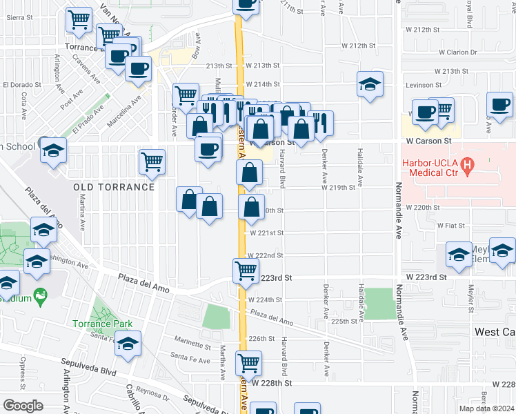 map of restaurants, bars, coffee shops, grocery stores, and more near 1643 West 220th Street in Torrance